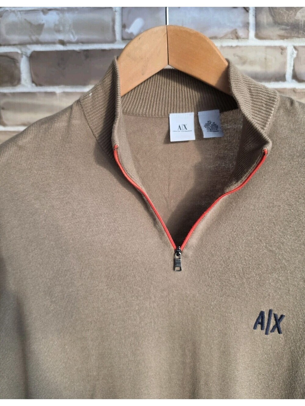 Armani Exchange A|X Men's XL Quarter Zip Short Sleeve Knit Shirt Brown Orange